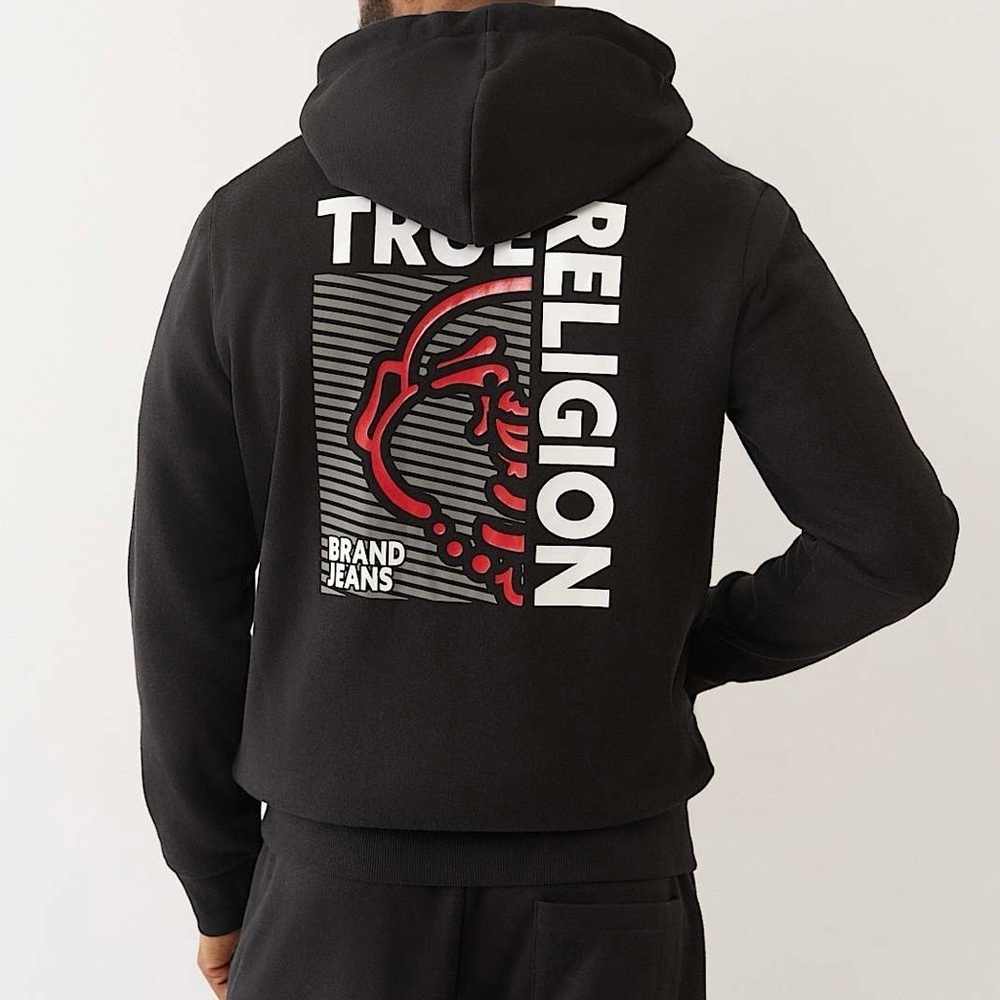 NWT True Religion Full Zip Buddha Hoodie Size M Logo Jet Black MSRP $119